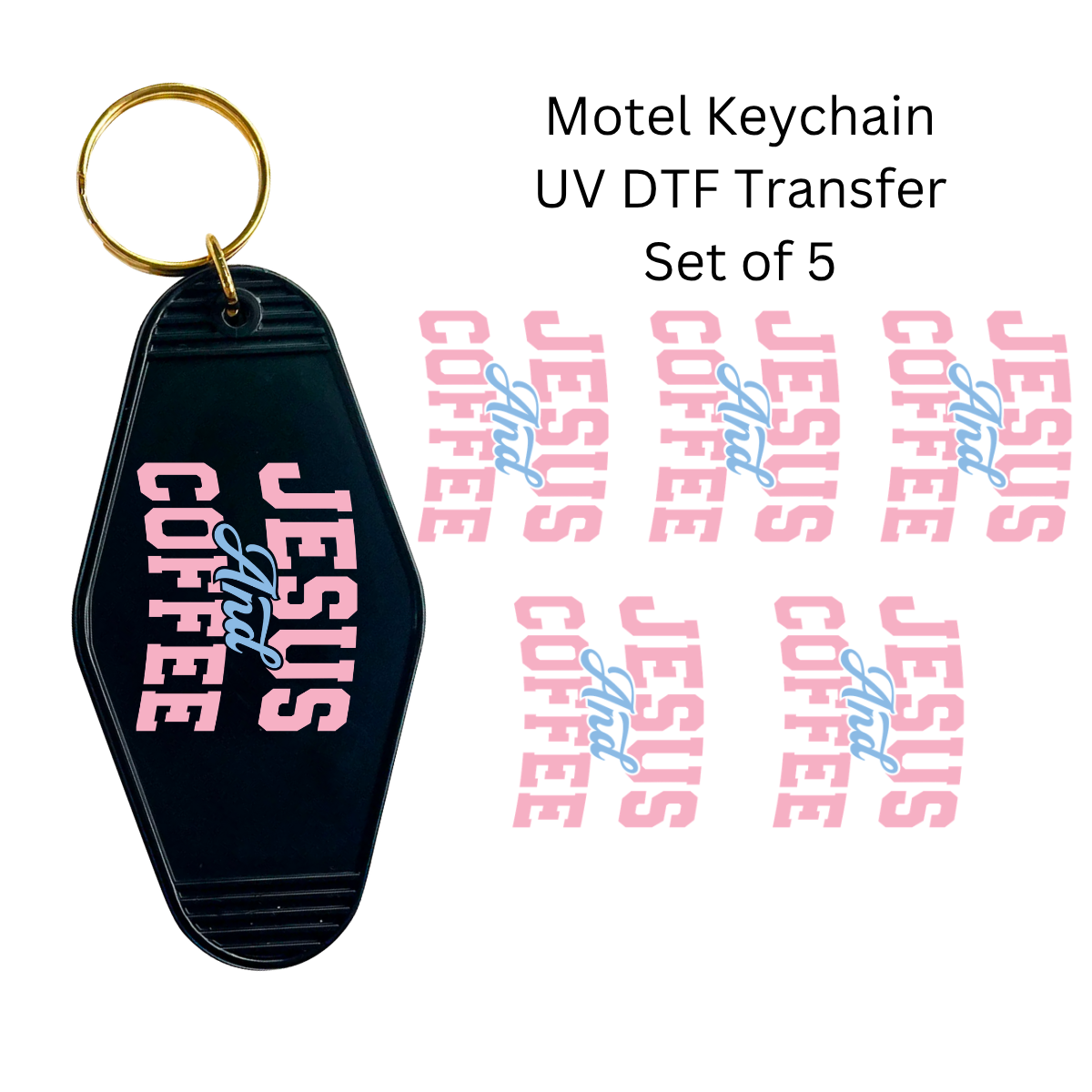 Jesus and Coffee Pink Blue Set of 5 Keychain Transfers