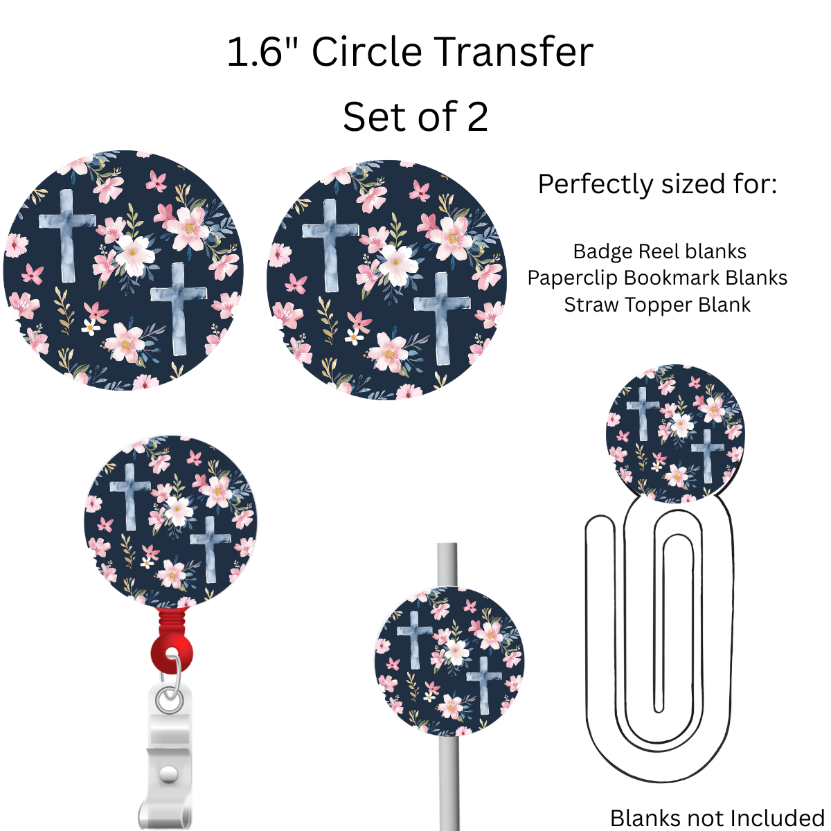Blue Floral Cross 1.6” UV DTF Transfer Set of 2