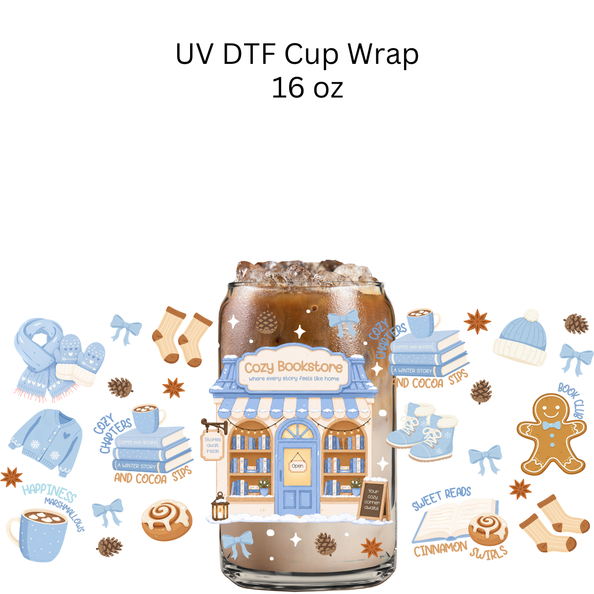 Blue Cozy Bookstore DTF Cup Wrap