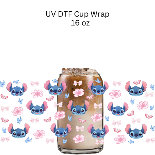 Blue Alien Pink Flowers UV DTF Cup Wrap