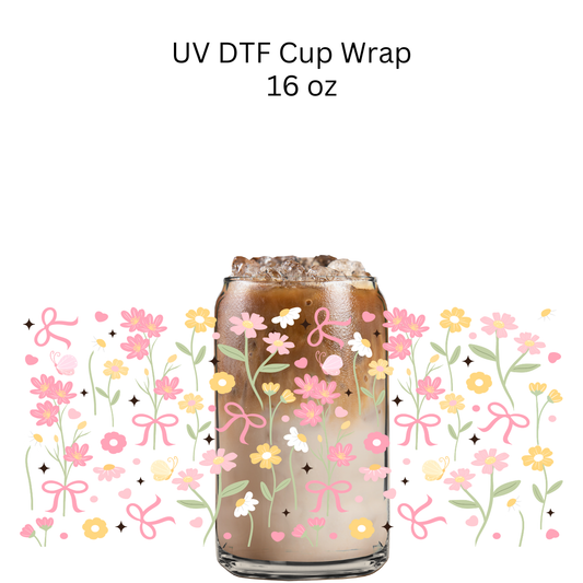 Pink Yellow Daisies and Bows UV DTF Cup Wrap
