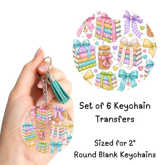Iced Coffee, Books and Bows Round Keychain Transfer Set of 6
