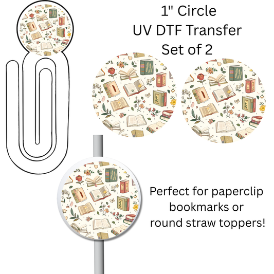 Floral Books 1” UV DTF Transfer For Paperclip Bookmark or Straw Topper SET OF 2