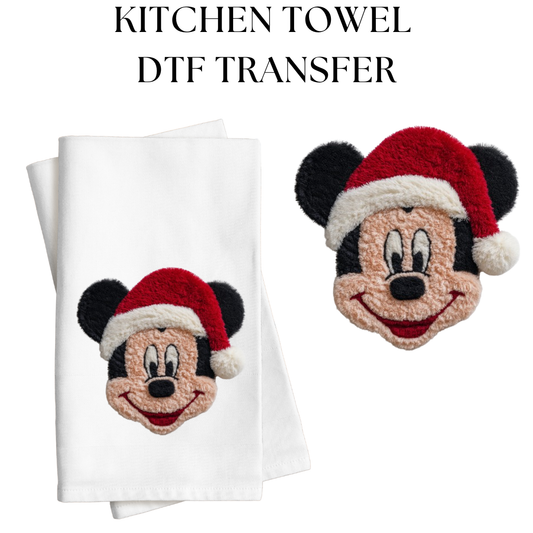 Santa Hat Mouse Face Faux Patch Kitchen Towel DTF Transfer