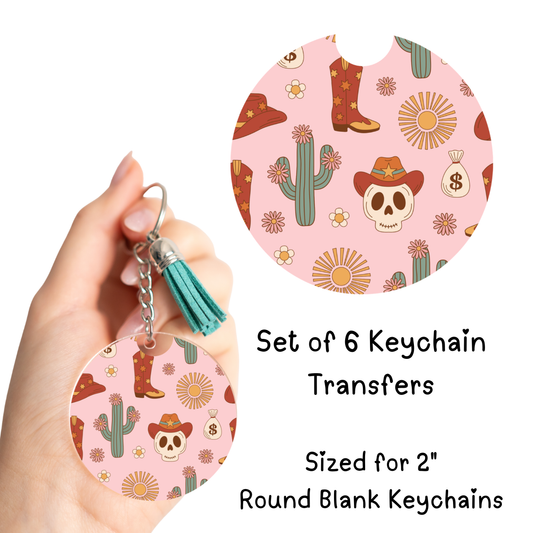 Pink Western Skull Round Keychain Transfer Set of 6