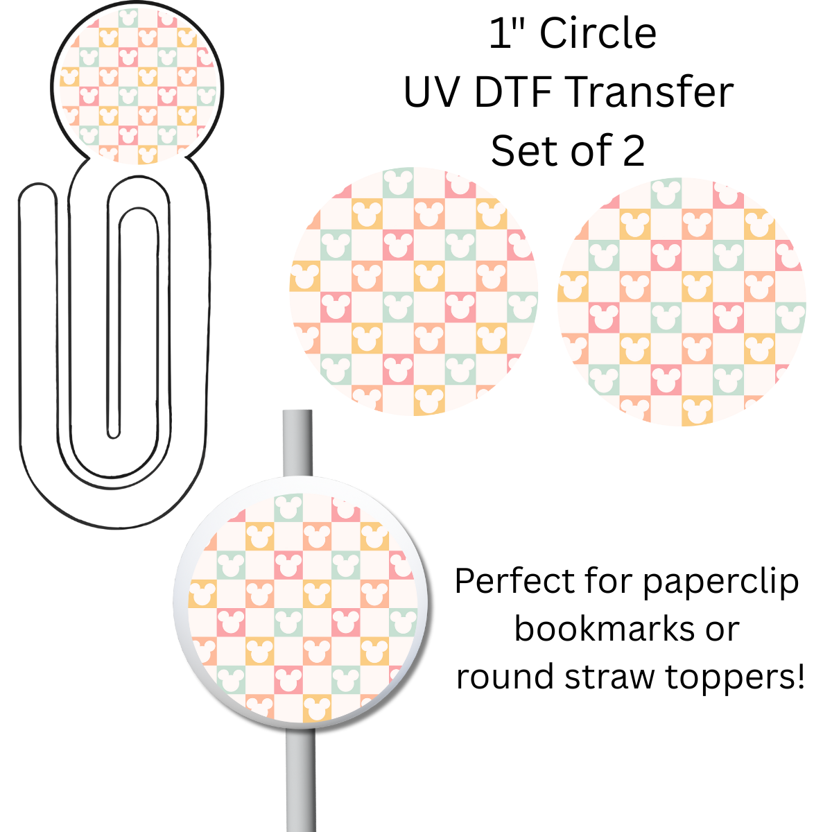 Magical Mouse Squared 1” UV DTF Transfer For Paperclip Bookmark or Straw Topper SET OF 2