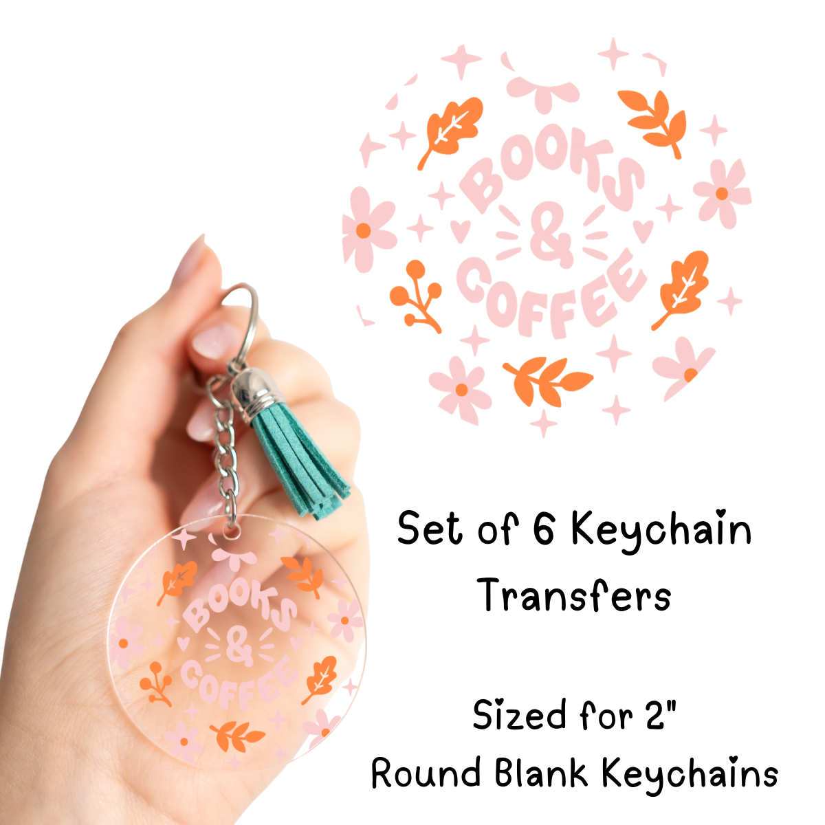 Books and Coffee Keychain Transfer Set of 6