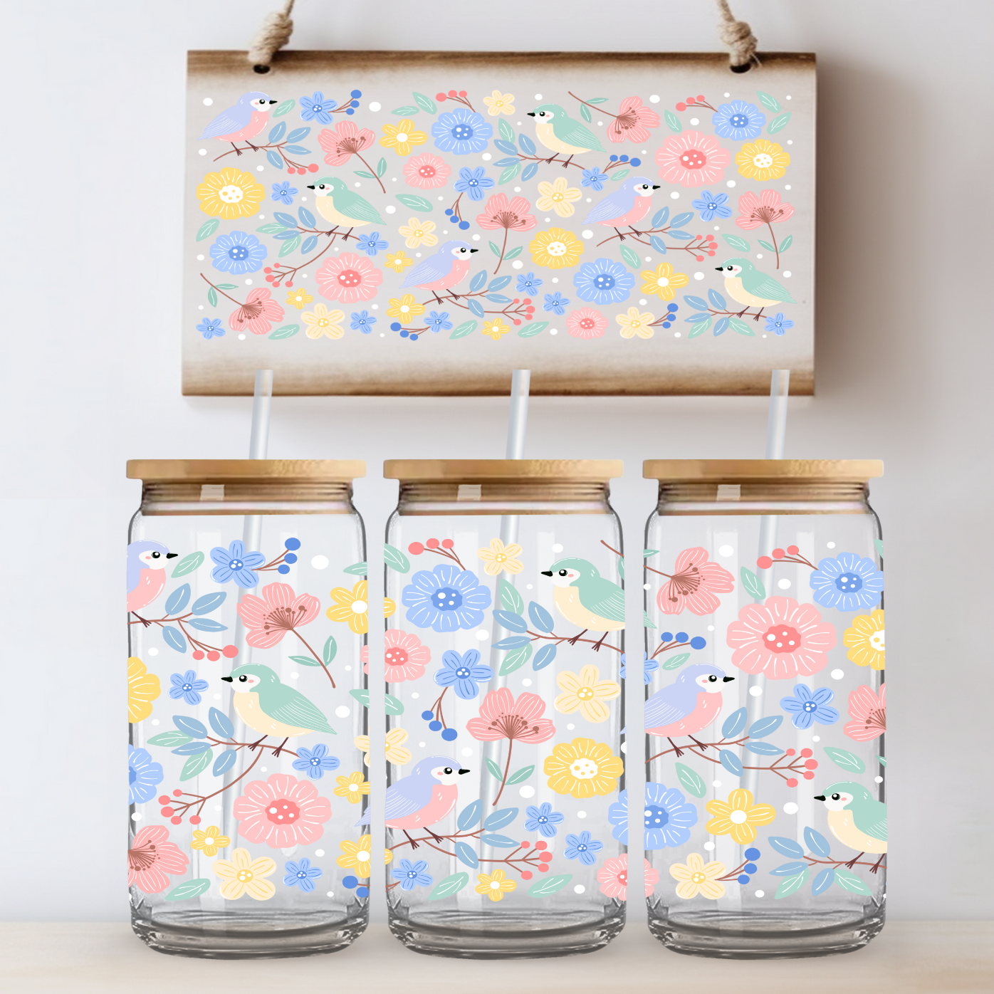 Floral Birds UV DTF Cup Wrap