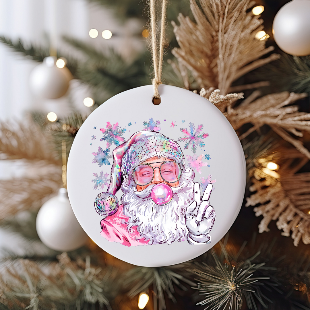 Pink Santa Bubble Gum Snowflake Ornament Size UV DTF DOUBLE SIDED