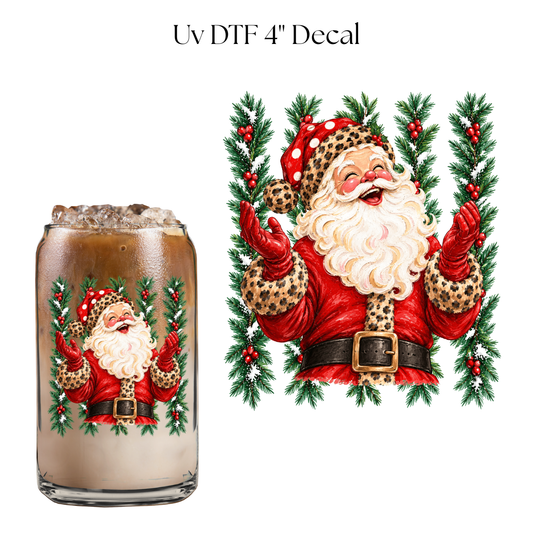 Smiley Cheetah Santa 4” UV DTF Cup Decal