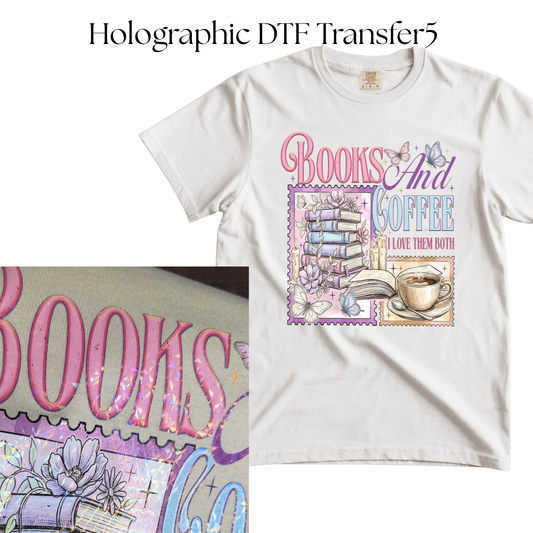 HOLOGRAPHIC Books and Coffee DTF Transfer