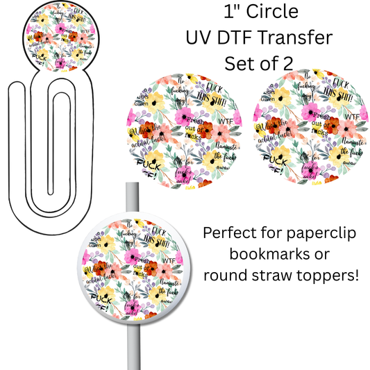 Floral Adult Words 1” UV DTF Transfer For Paperclip Bookmark or Straw Topper SET OF 2