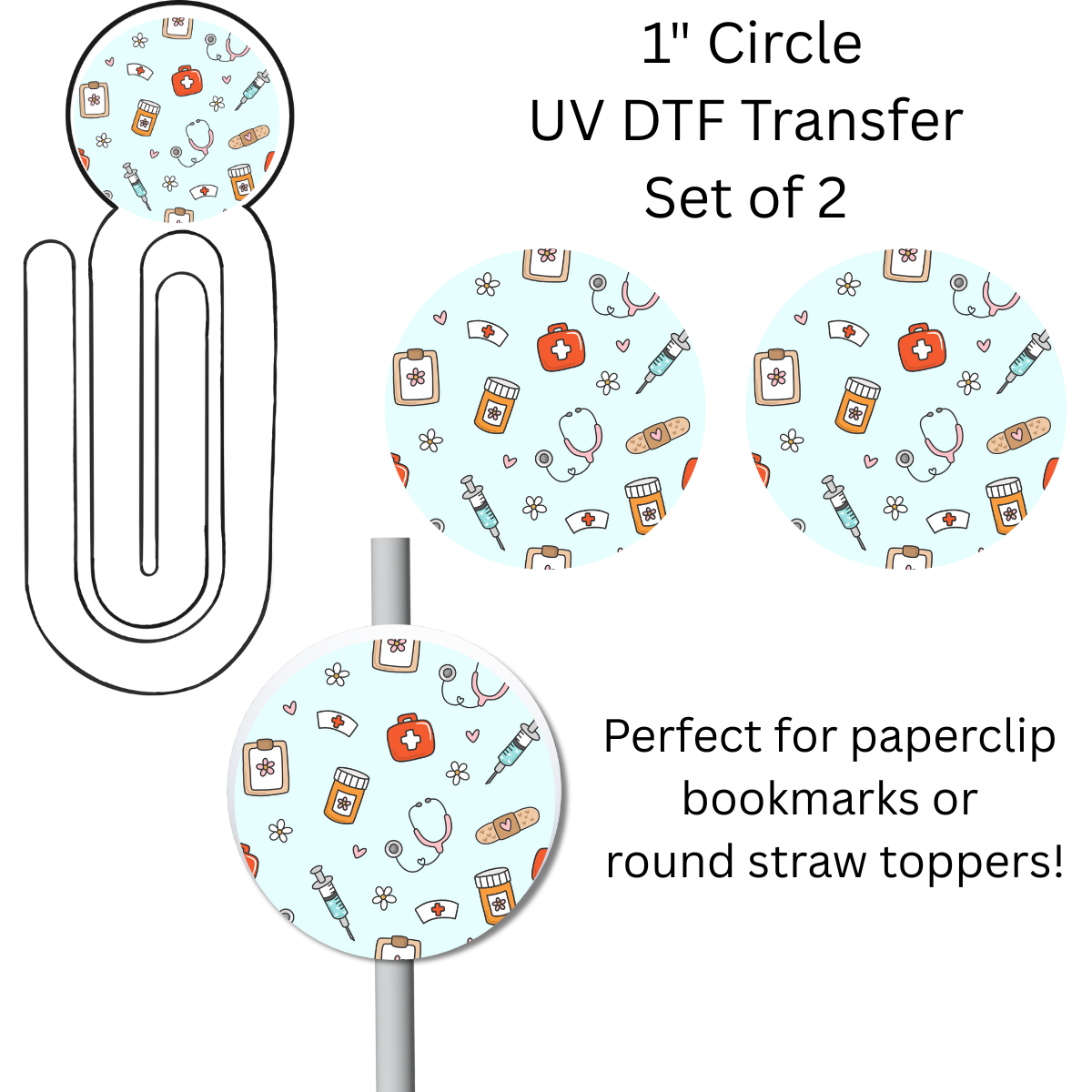 Blue Medical 1” UV DTF Transfer For Paperclip Bookmark or Straw Topper SET OF 2
