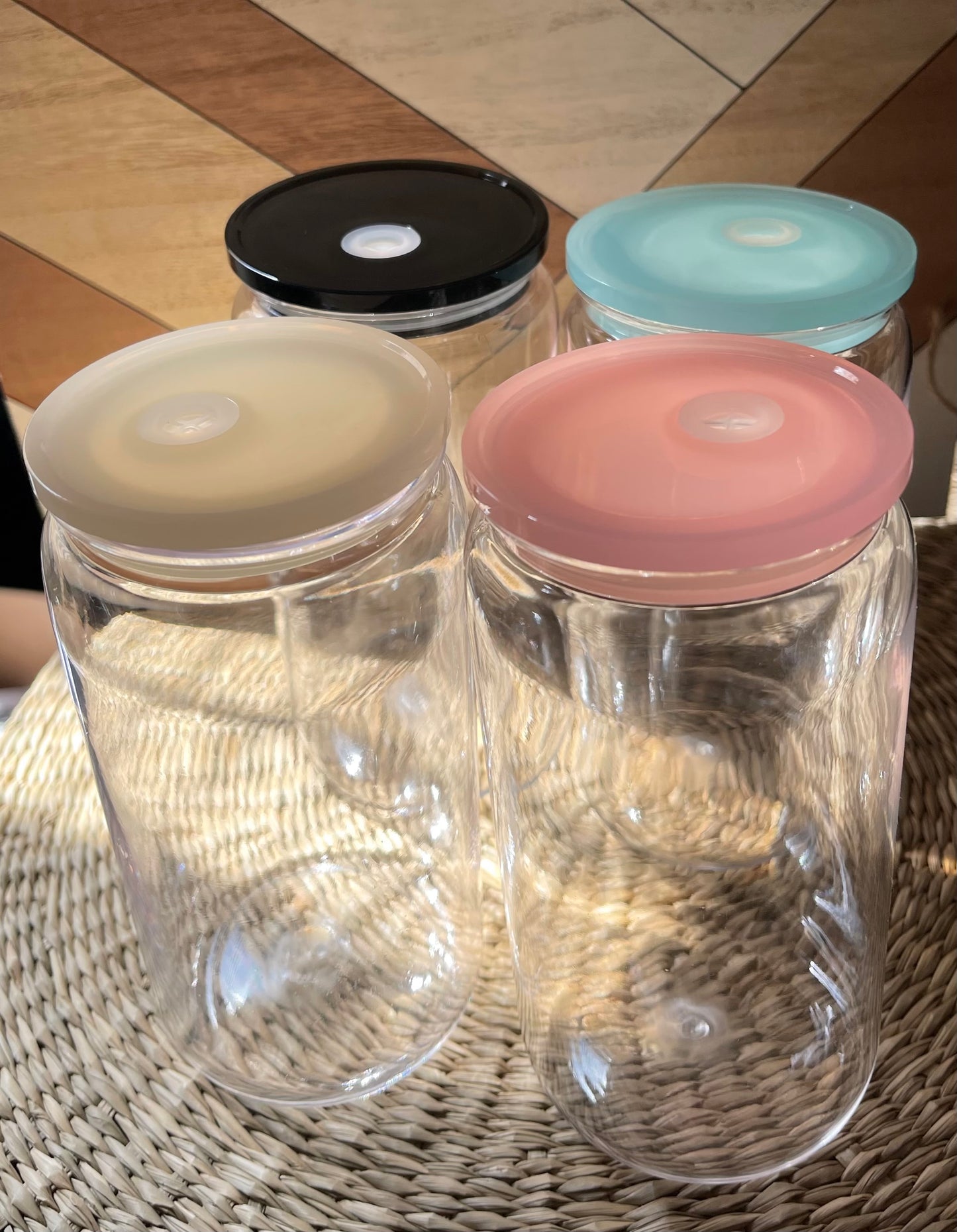 Colored Cap Clear Acrylic 16oz Glass Can SET of 4 Cups