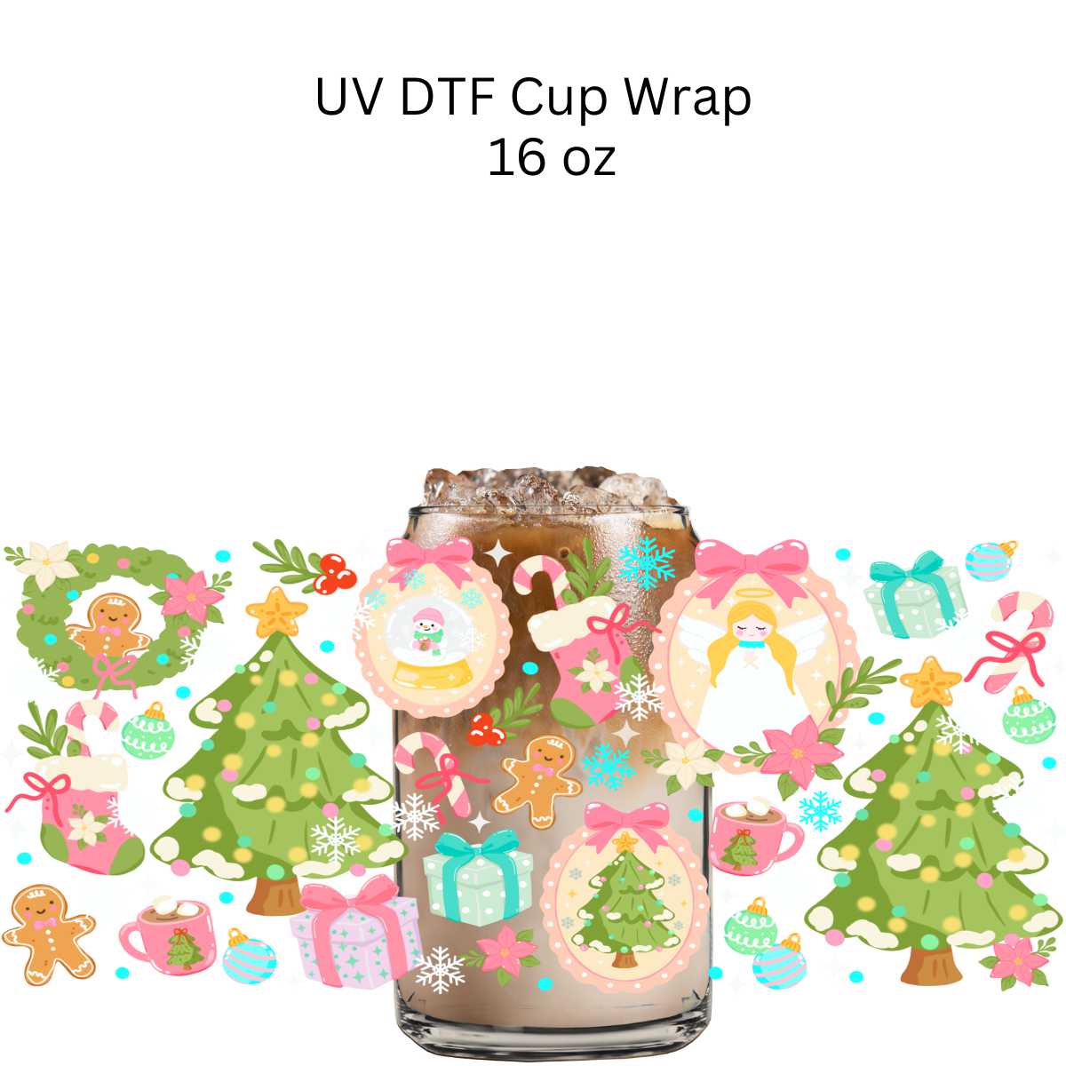 Pink Christmas Tree and Angel UV DTF Cup Wrap
