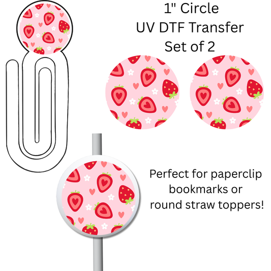 Pink Strawberries 1” UV DTF Transfer For Paperclip Bookmark or Straw Topper SET OF 2