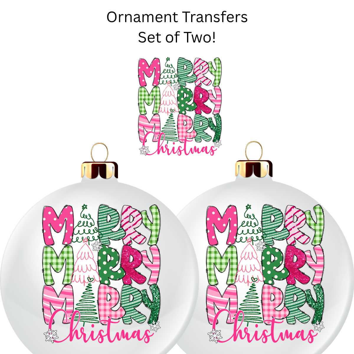 Pink Merry Christmas Ornament Transfer UV DTF (Set of 2)