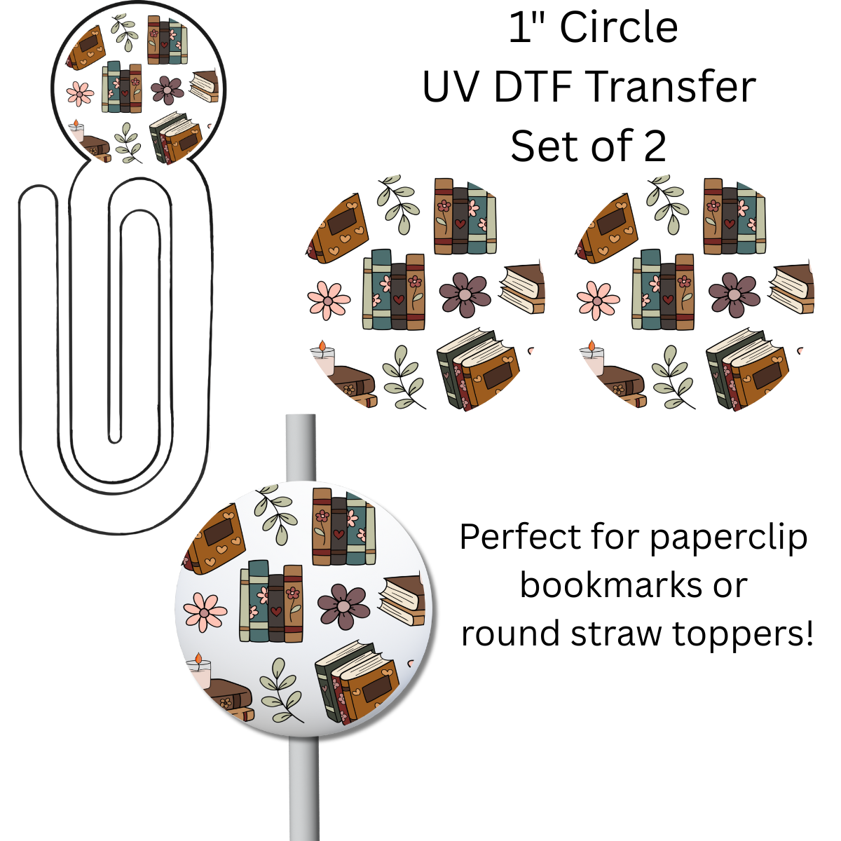 Mauve Books 1” UV DTF Transfer For Paperclip Bookmark or Straw Topper SET OF 2
