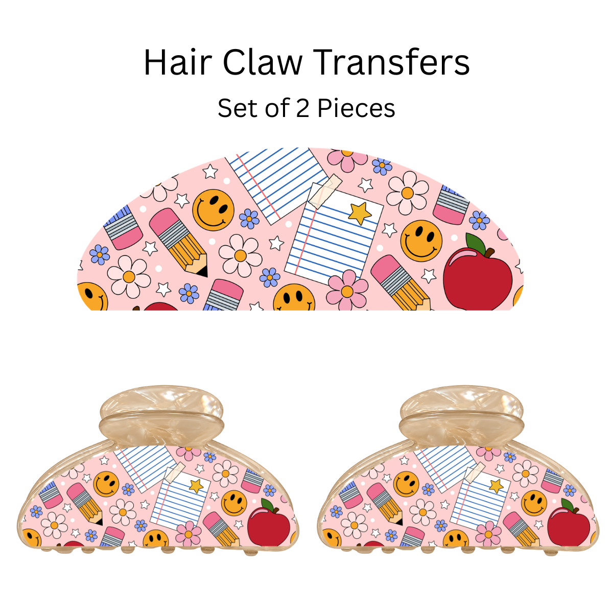 Pink School Stuff UV DTF Transfer for 3.19” Claw Clip (Set of 2)