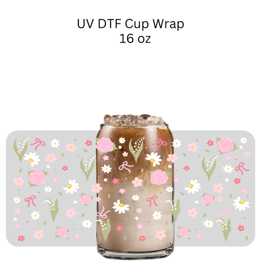 Pink White Dainty Flowers and Bows UV DTF Cup Wrap