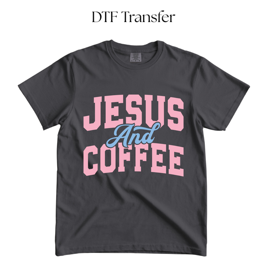 Jesus and Coffee Pink Blue DTF Transfer