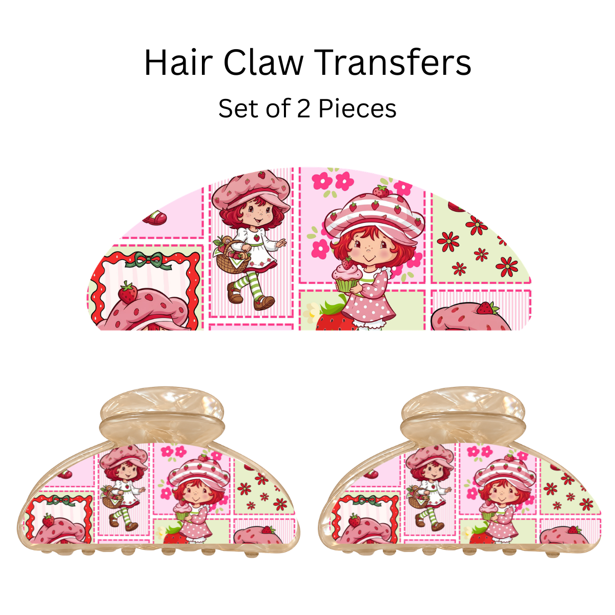 Strawberry Squares Girl UV DTF Transfer for 3.19” Claw Clip (Set of 2)