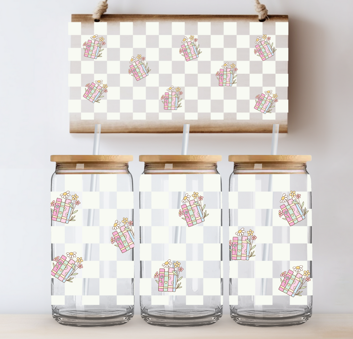 White Checkered Books UV DTF Cup Wrap