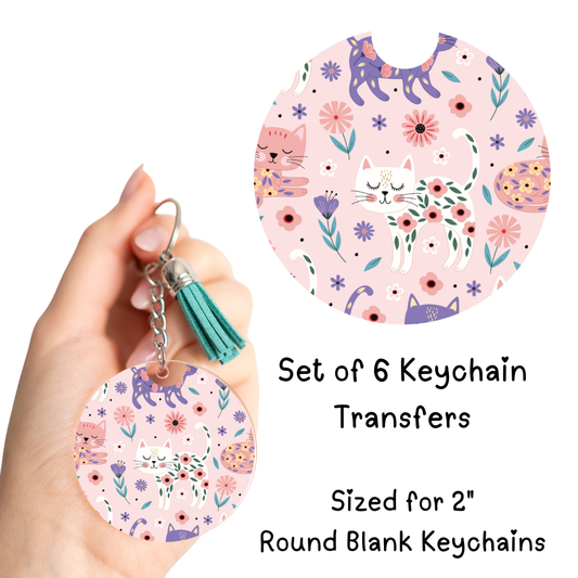Pink Floral Cat Round Keychain Transfer Set of 6