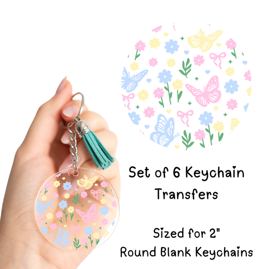 Pastel Butterflies and Flowers Round Keychain Transfer