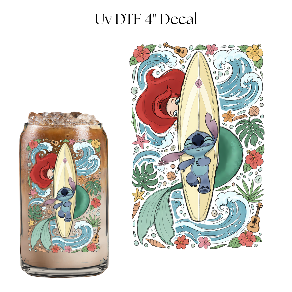 Blue Alien and Mermaid Surfboard 4” UV DTF Cup Decal