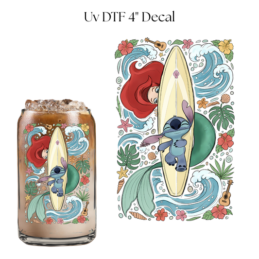 Blue Alien and Mermaid Surfboard 4” UV DTF Cup Decal