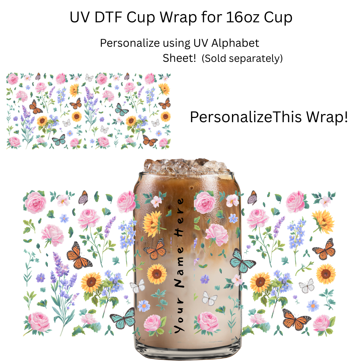 Wildflowers and Butterflies PERSONALIZE UV DTF Cup Wrap