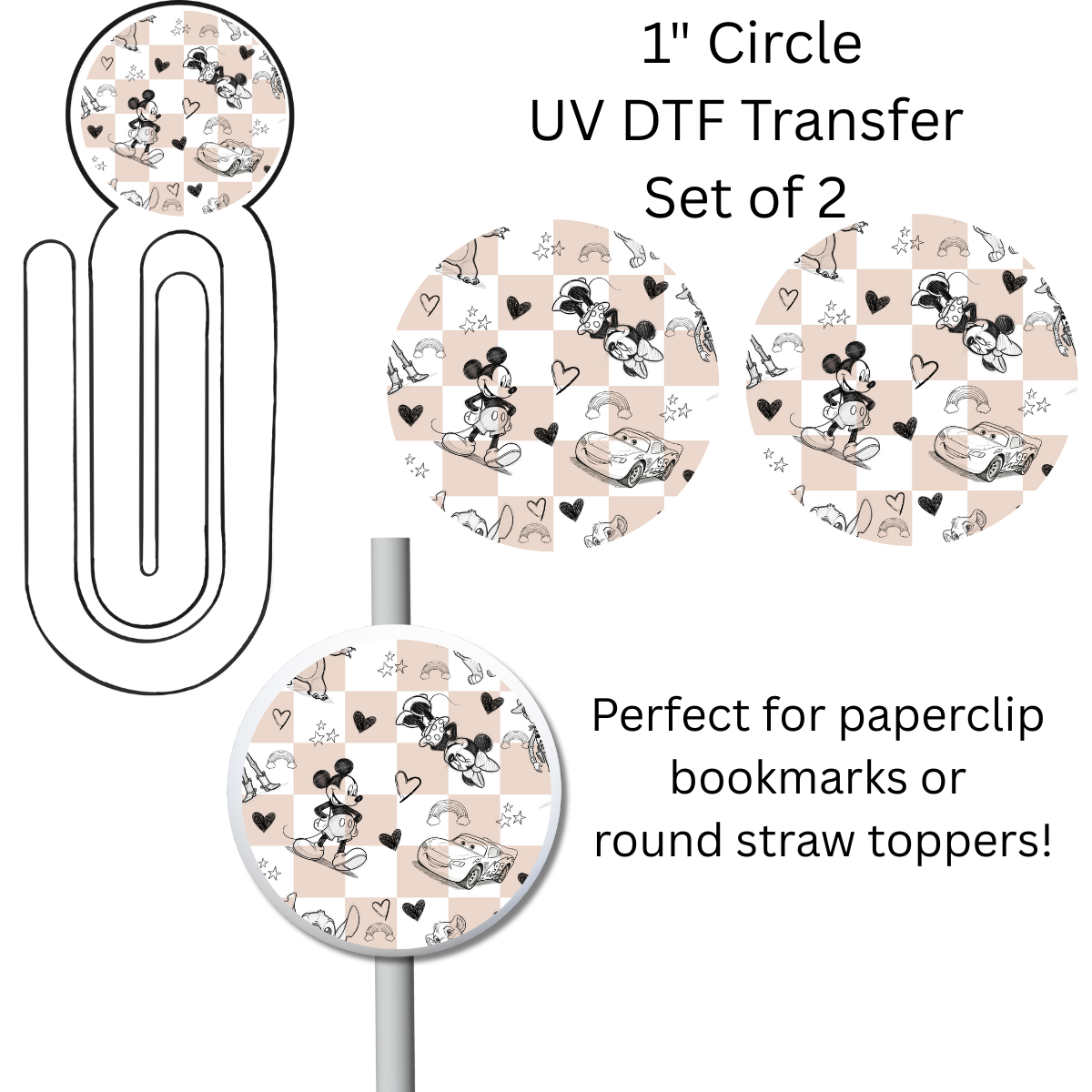 Neutral Mouse 1” UV DTF Transfer For Paperclip Bookmark or Straw Topper SET OF 2
