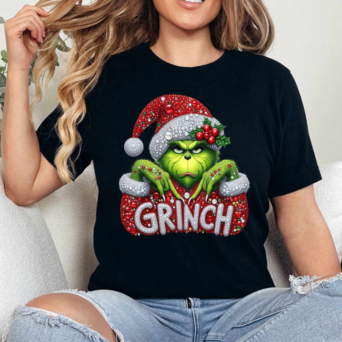 Faux Rhinestone Green Monster DTF Transfer