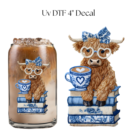 Blue books and Cow 4” UV DTF Decal
