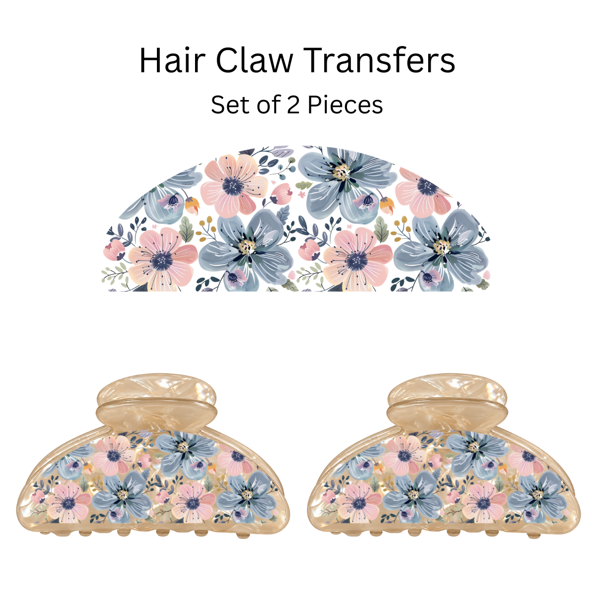 Blue Pink Flowers UV DTF Transfer for 3.19” Claw Clip (Set of 2)