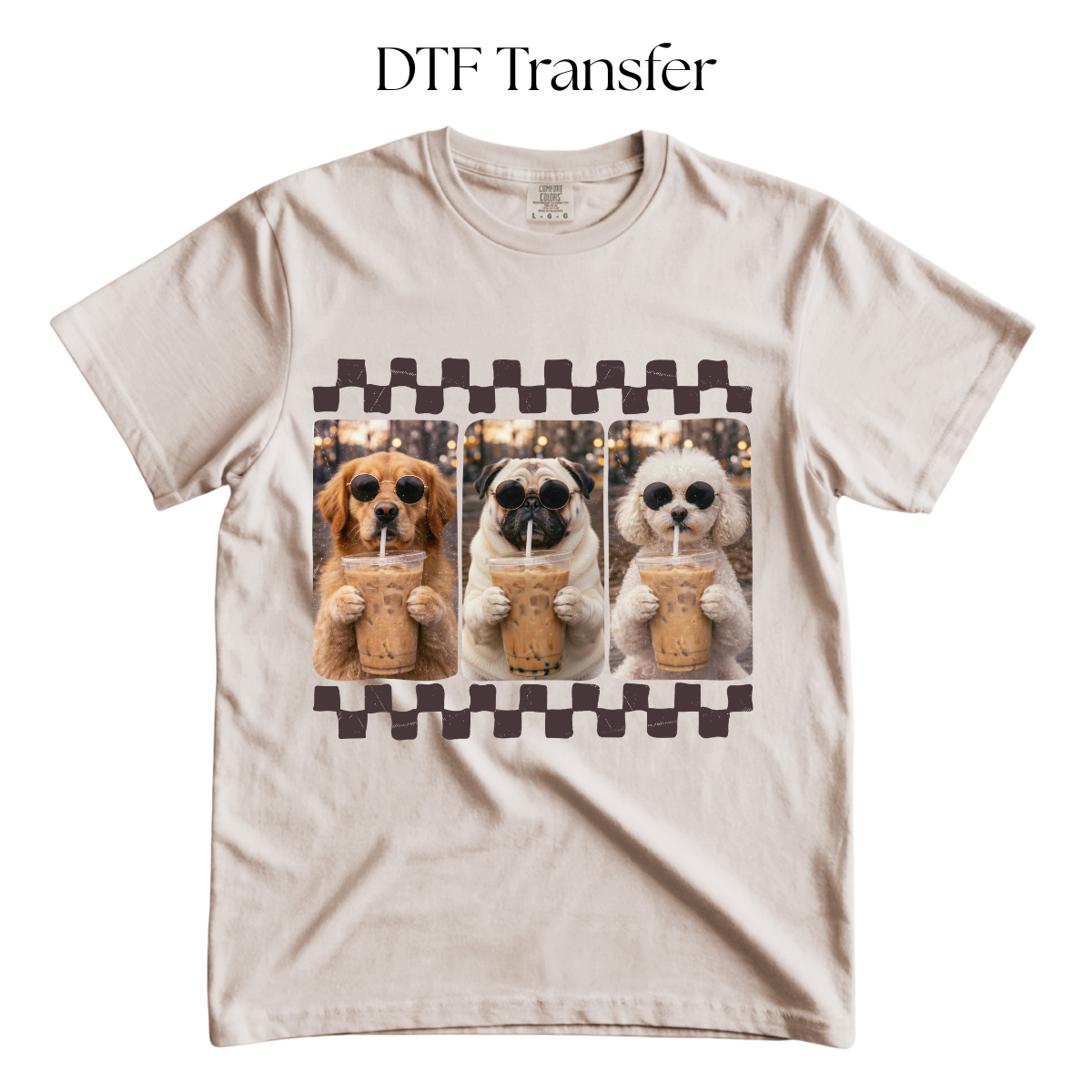 Checkered Dogs Drinking Coffee DTF Transfer