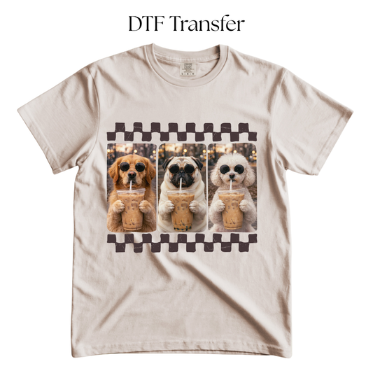 Checkered Dogs Drinking Coffee DTF Transfer