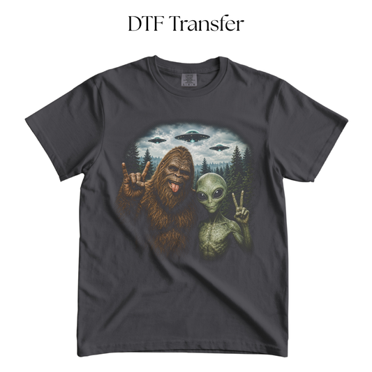 UFO Big Foot and Alien DTF Transfer (Press On Black)
