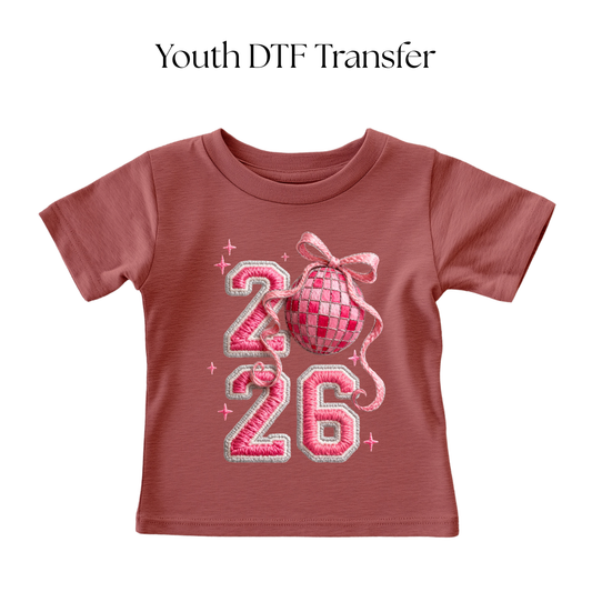 Youth Pink 2026 Faux Embroidered DTF Transfer