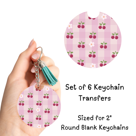Pink Checkered Cherries Round Keychain Transfer Set of 6