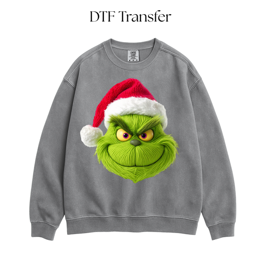 Green Monster Face Santa Faux Yarn Hat DTF Transfer