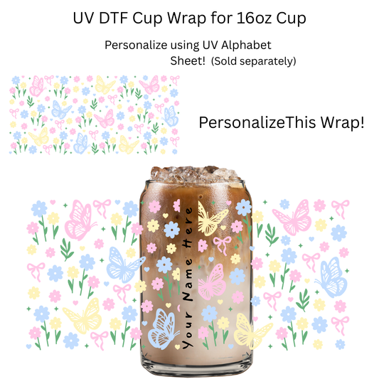 Pastel Butterflies and Flowers PERSONALIZE UV DTF Cup Wrap