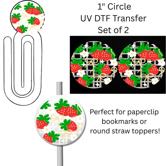 Strawberries and Daisies 1” UV DTF Transfer For Paperclip Bookmark or Straw Topper SET OF 2