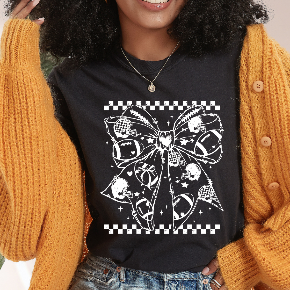 Checkered Football Bow White Single Color DTF Transfer