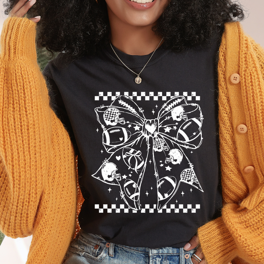 Checkered Football Bow White Single Color DTF Transfer