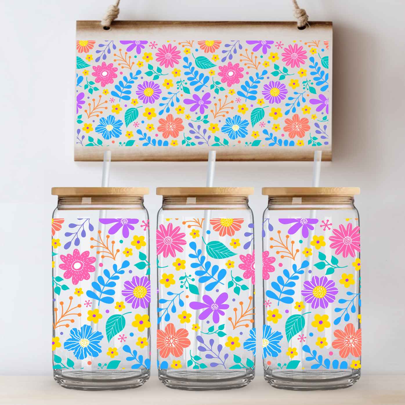 Purple Pink Orange Flowers UV DTF Cup Wrap