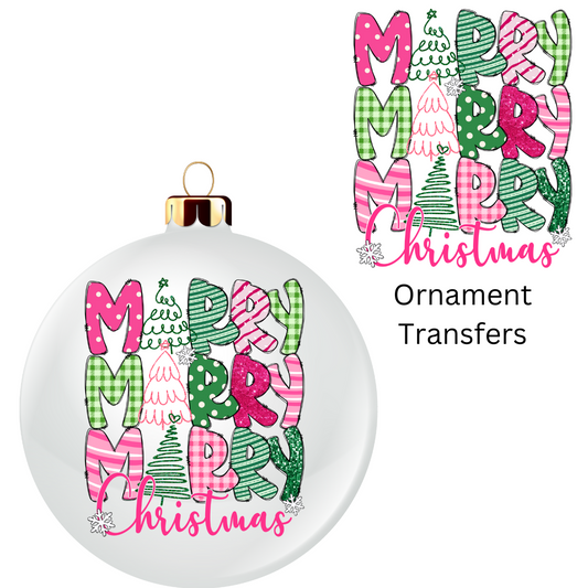 Pink Green Merry Christmas Ornament Transfer UV DTF
