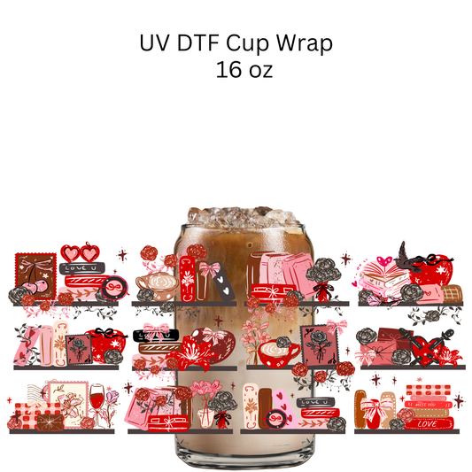 Black and Red Valentines Books UV DTF Cup Wrap