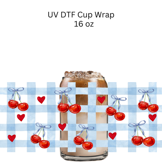 Blue Checkered Cherries UV DTF Cup Wrap
